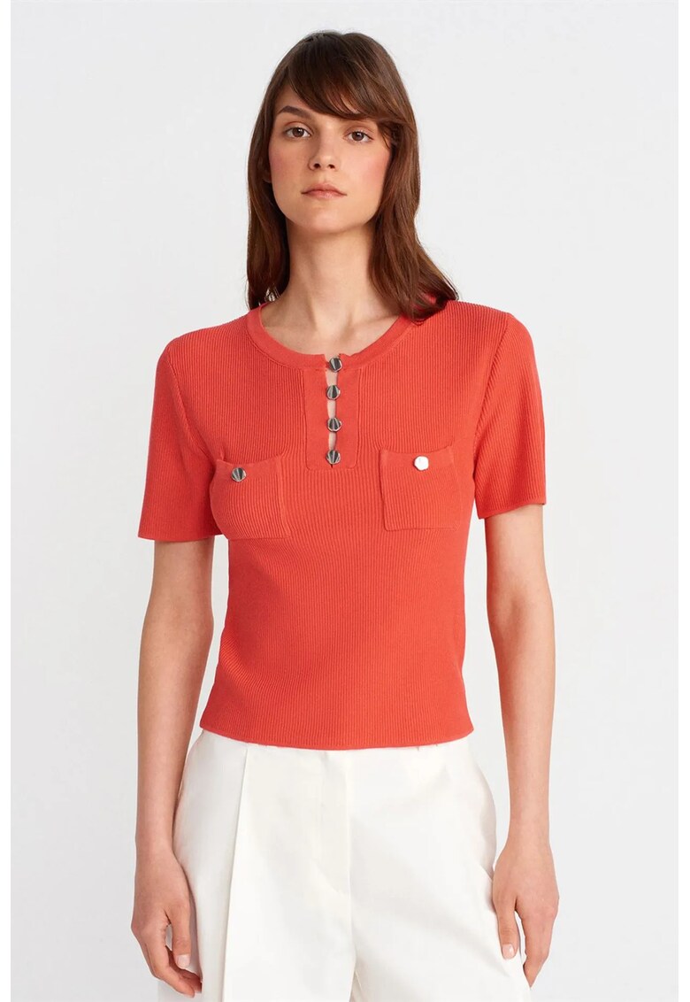 Bluza dama - regular fit - portocalie - tricotata din viscoza si poliamida - maneci scurte - cu nasturi -