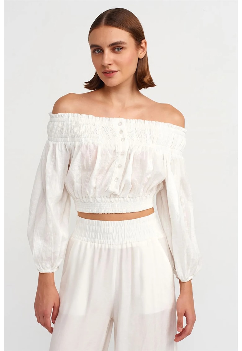 Bluza dama - crop - decolteu off-shoulder - alb - poplin bumbac-viscoza
