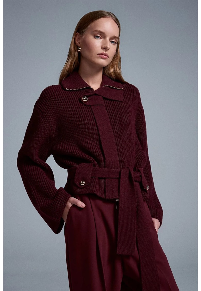 Cardigan lung - rosu burgundy - cu cordon - din acril - poliester - poliamida si lana -