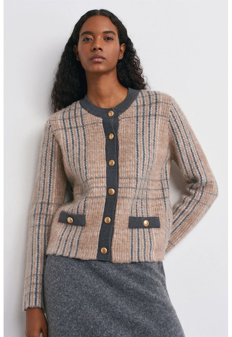 Cardigan Femei - Jacquard - Multicolor - Carouri - Maneca lunga - Inchidere cu nasturi -