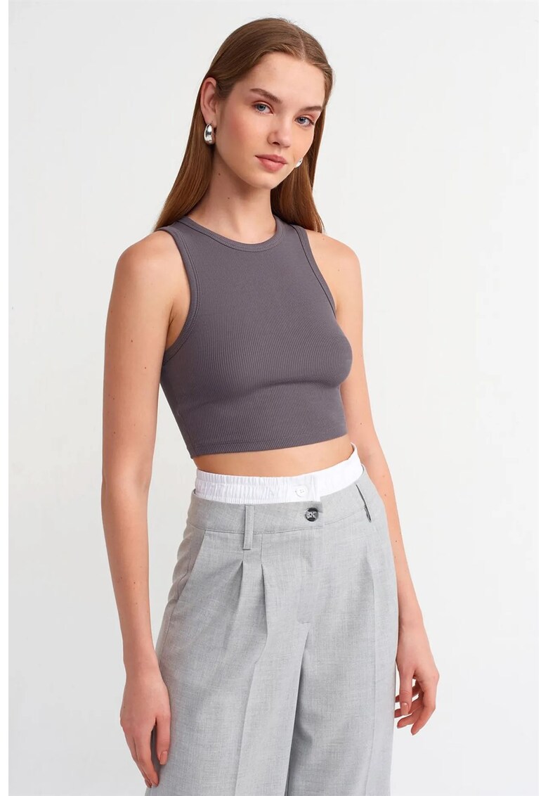 Top scurt fara maneci - gri - bumbac cu elastan - stil casual