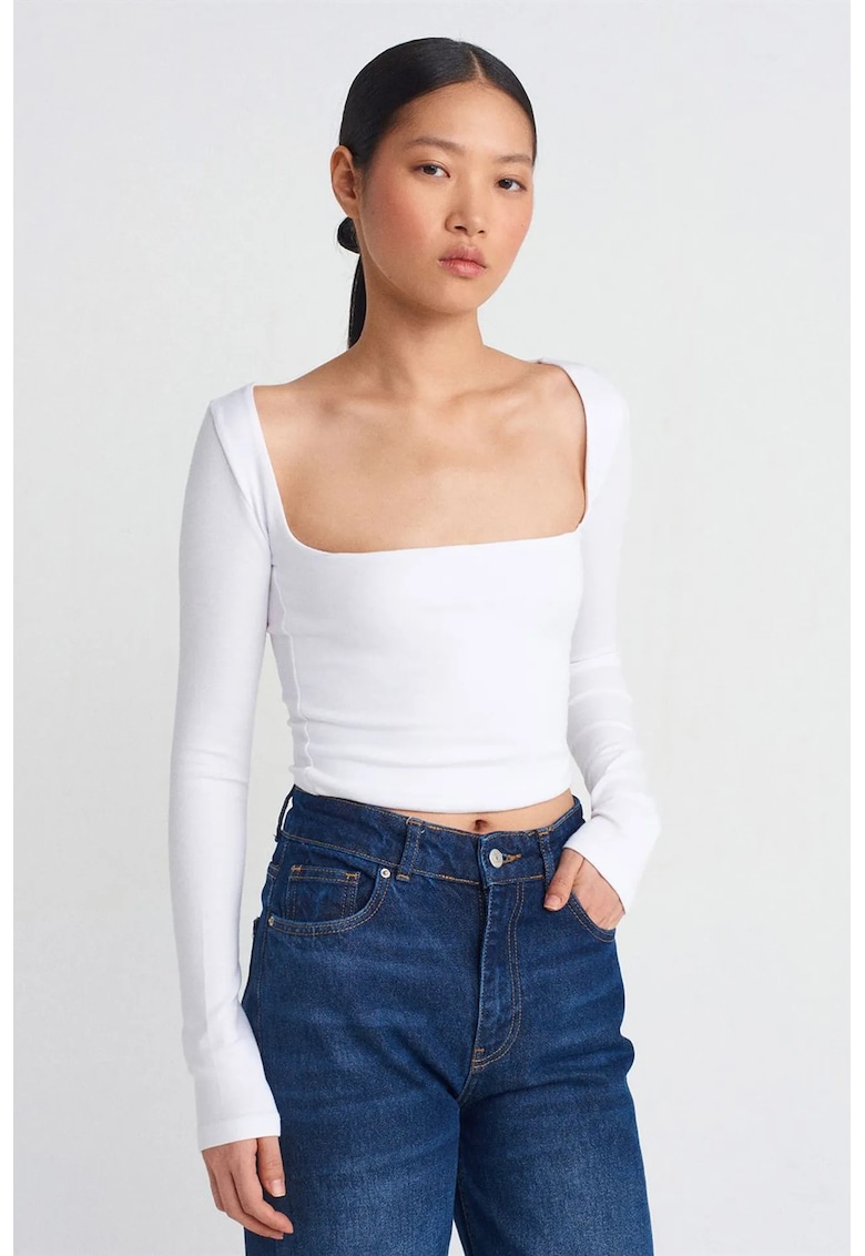 Bluza dama - bluza scurta cu decupaje - alb - bumbac/modal/elastan