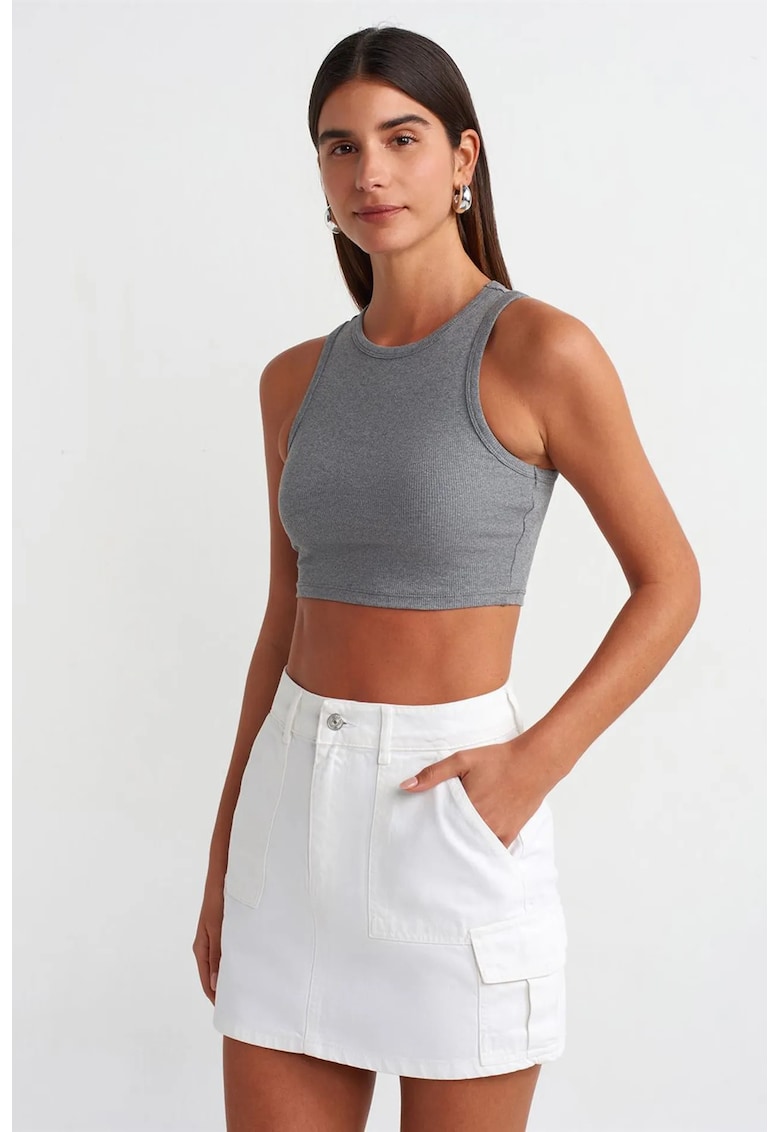 Bluze dama - crop top slim - gri - bumbac cu elastan
