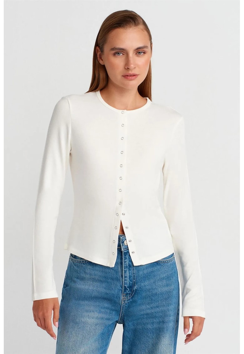Cardigan cu guler rotund - maneci lungi - alb prafuit - viscoza-acril-elastan