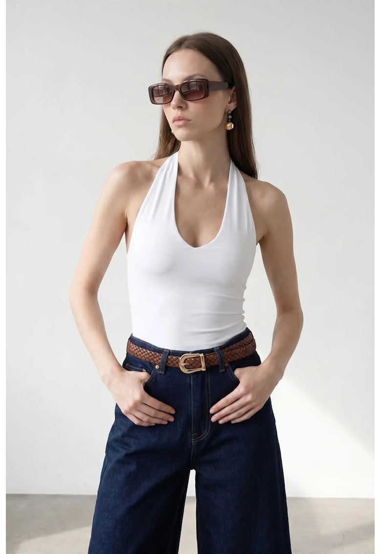 Body femei - guler halter - decupaje - alb - 93% nailon - 7% elastan