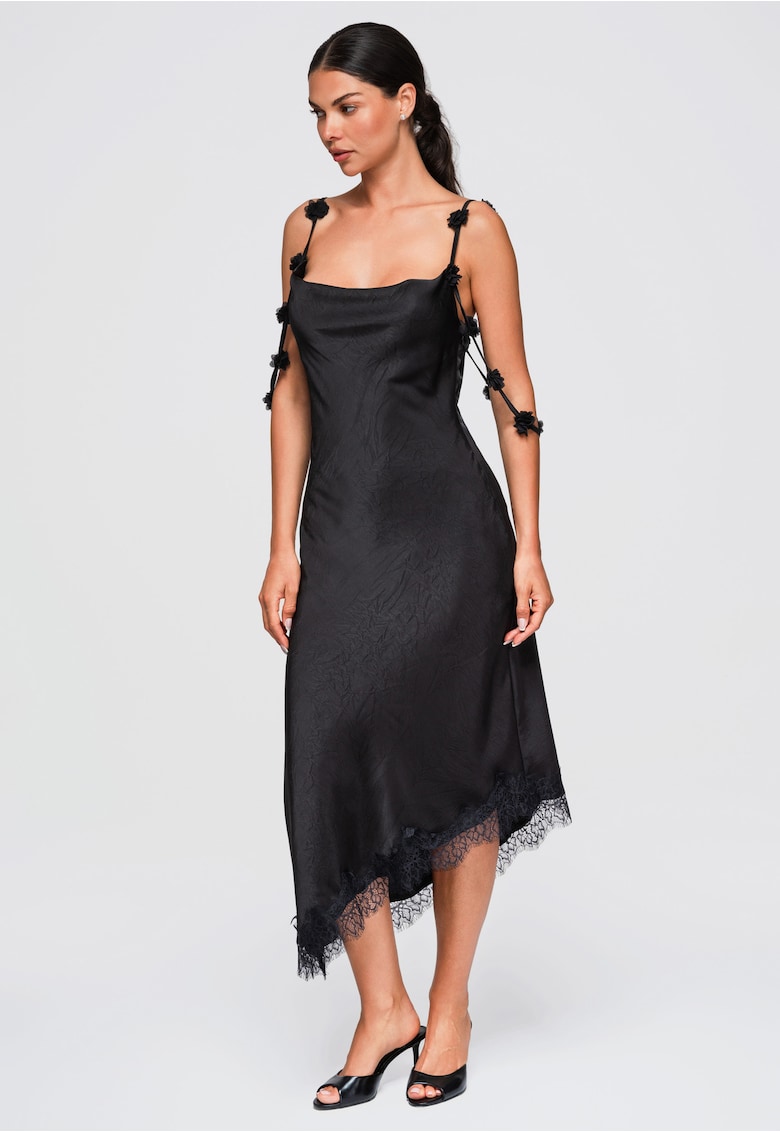 Rochie midi eleganta cu decolteu simplu si aplicatii florale LA-OM-DLR410 - Negru