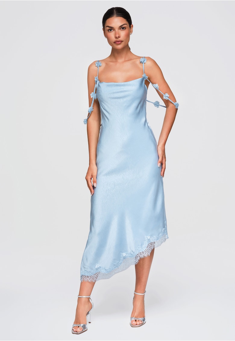 Rochie midi eleganta cu decolteu simplu si aplicatii florale LA-OM-DLR410 - Albastru deschis