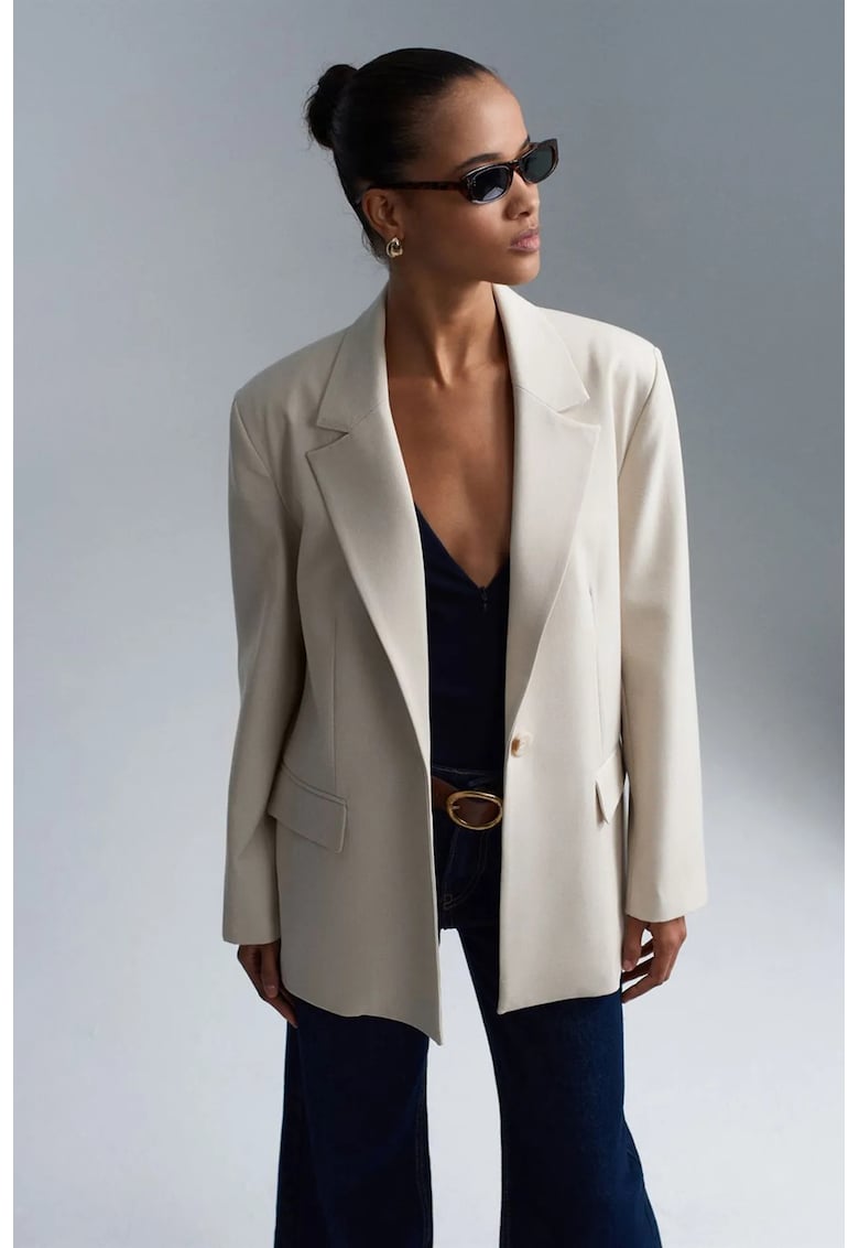 Sacou dama - blazer lung - buzunar - crem natural - poliester-viscoza-elastan