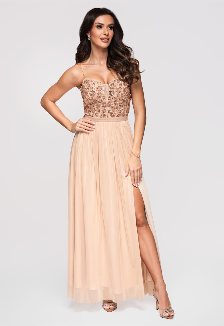 Rochie maxi eleganta de seara cu guler tip corset si aplicatii LA-OM-DLR339 - Auriu -