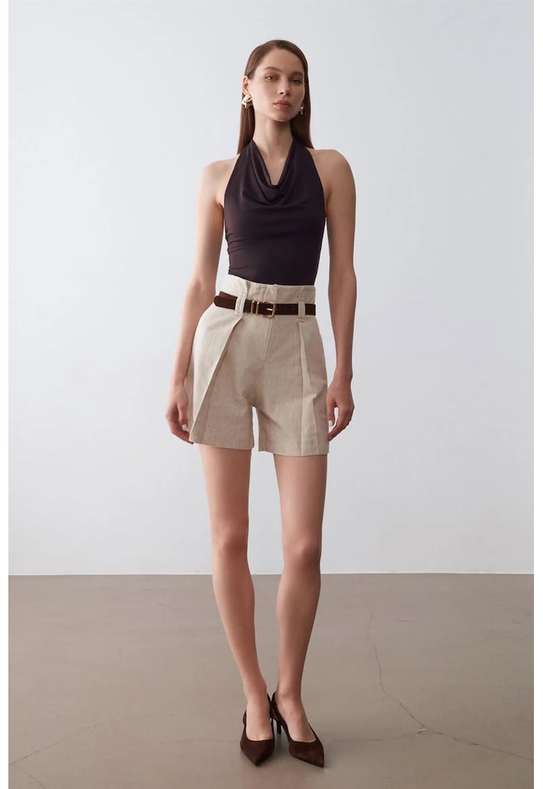 Pantaloni scurti - talie inalta - picior larg - bej natural - bumbac si tencel