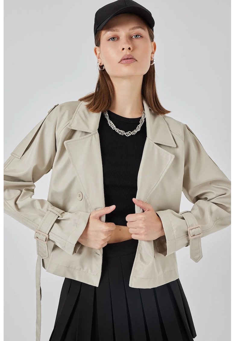 Trenci dama - scurt - casual - cu curea - bej natural - poliester