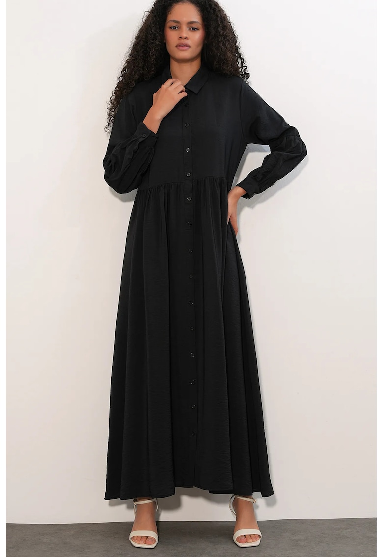 Rochie-camasa - casual - maneca lunga - negru - viscoza/nylon
