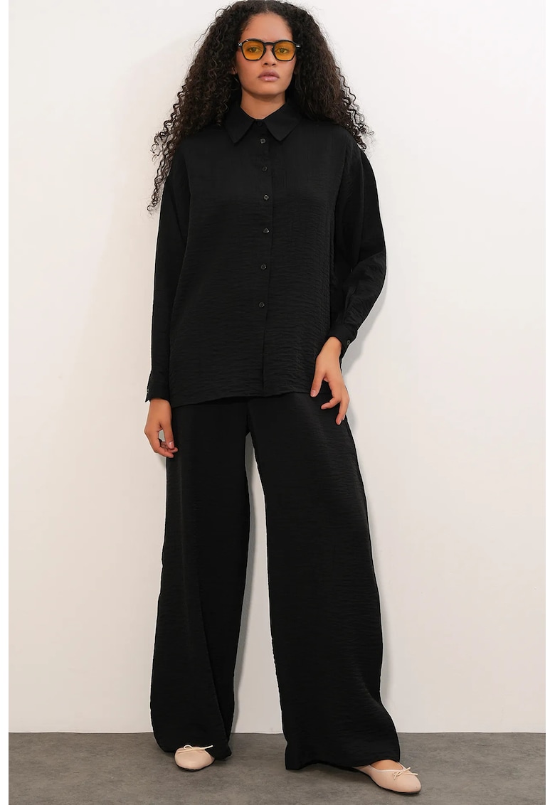 Camasi dama - camasa cu maneca lunga - casual - negru - poliester-viscoza