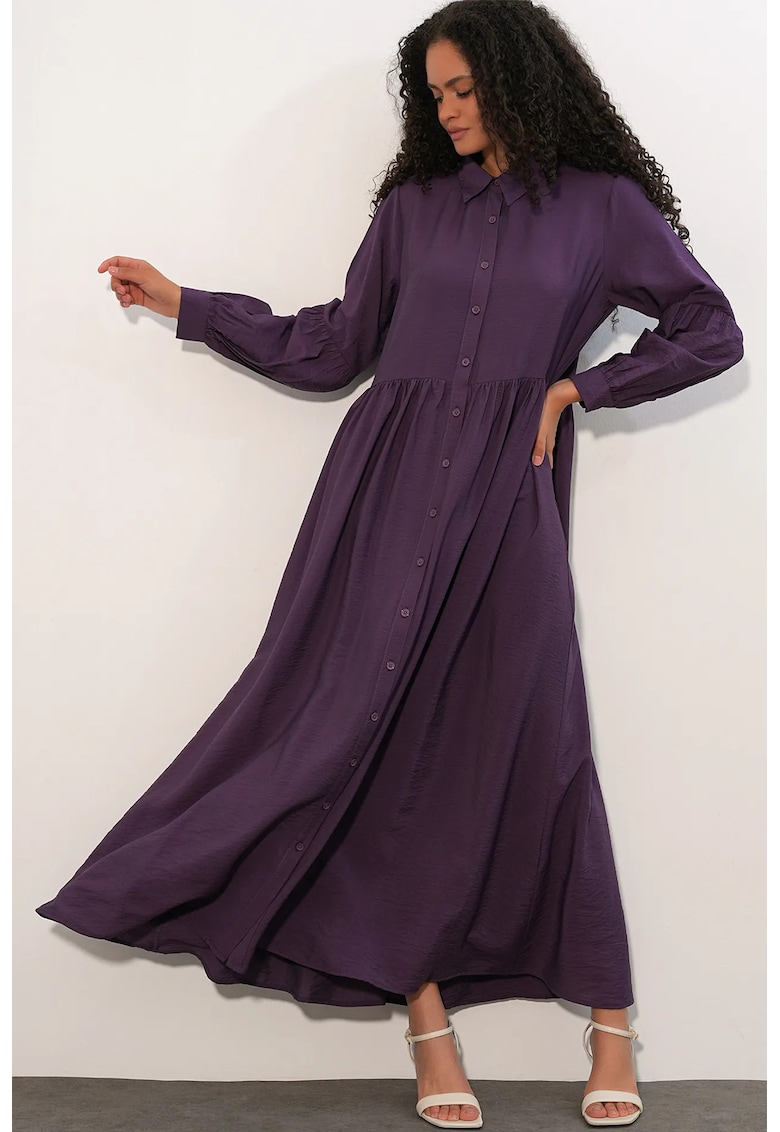 Rochie camasa Maxi casual - maneca lunga - ametist violet - viscoza/nylon -