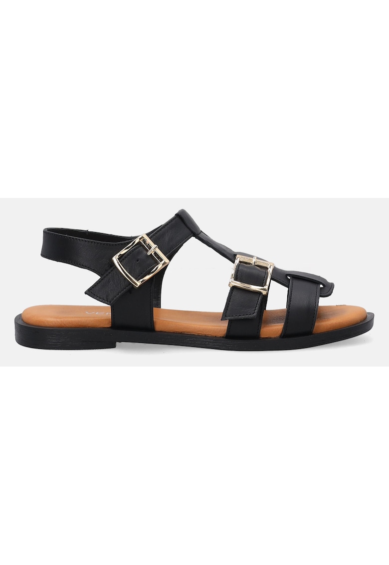 Sandale uni din piele cu catarame metalice -