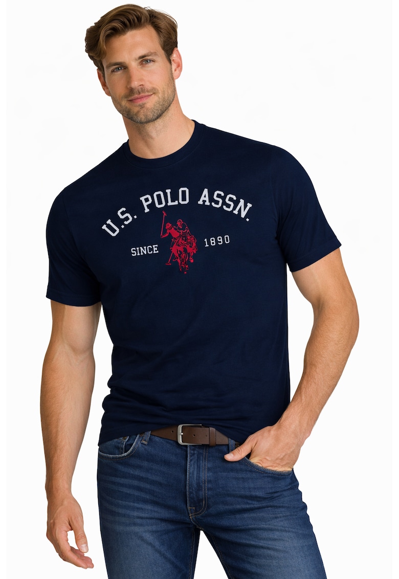 Tricou cu imprimeu logo si decolteu la baza gatului - Bleumarin