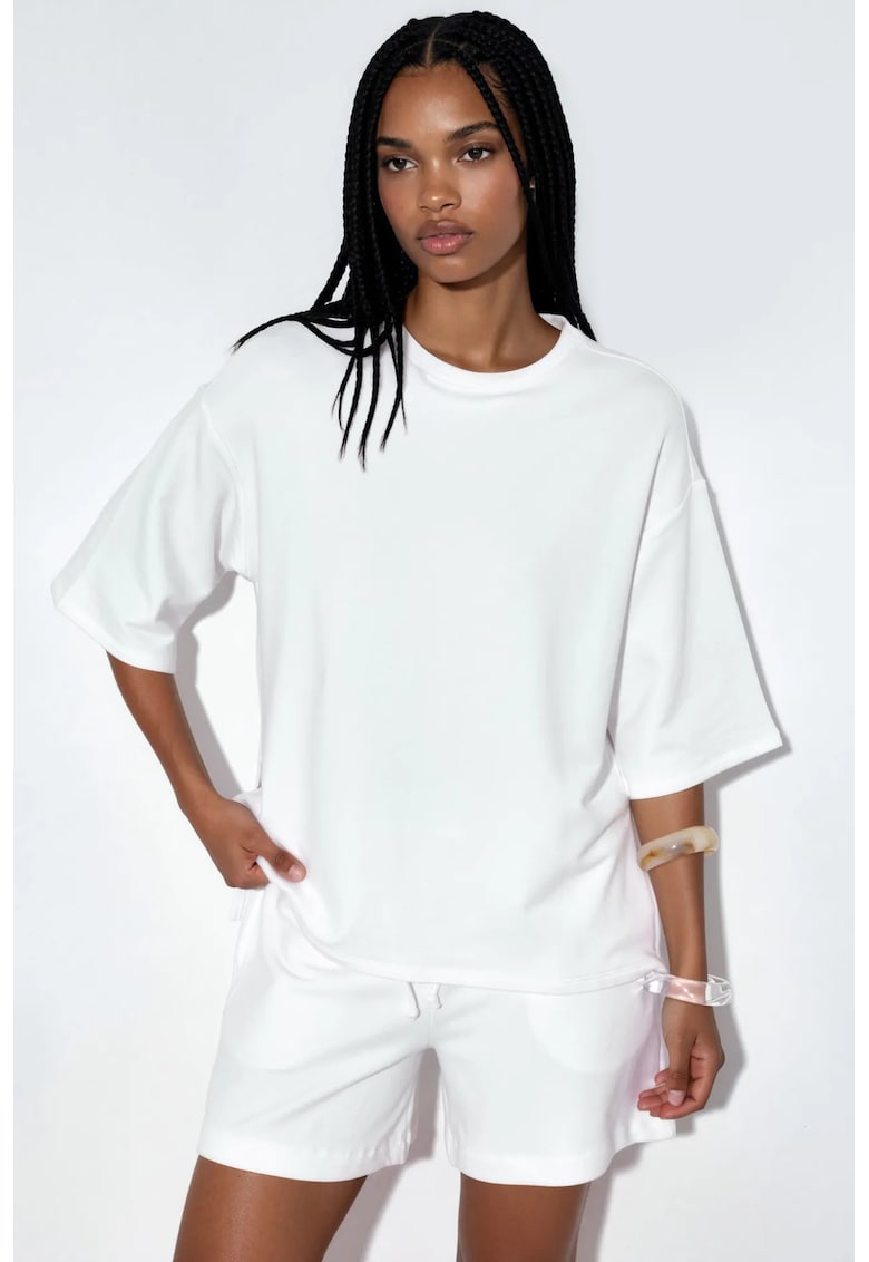 Tricou alb - bumbac-modal-elastan - maneci scurte - croiala lejera
