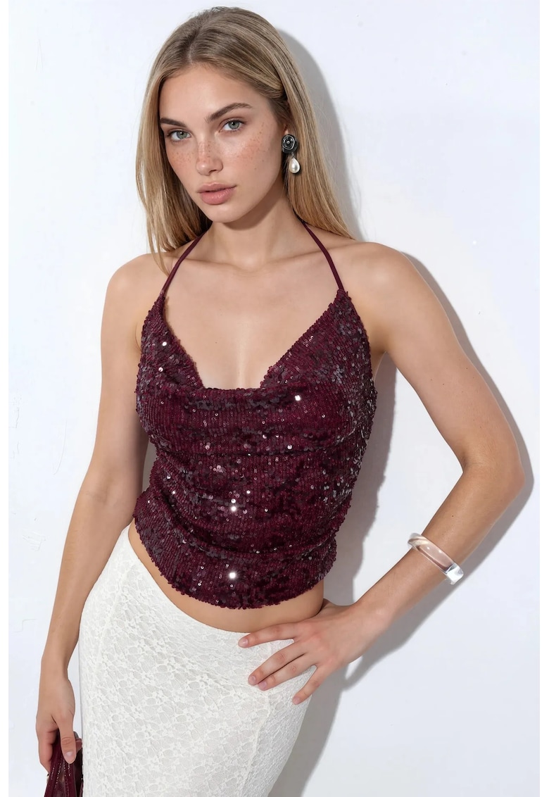 Bluza dama scurta - halterneck - paiete - visiniu - poliester-elastan