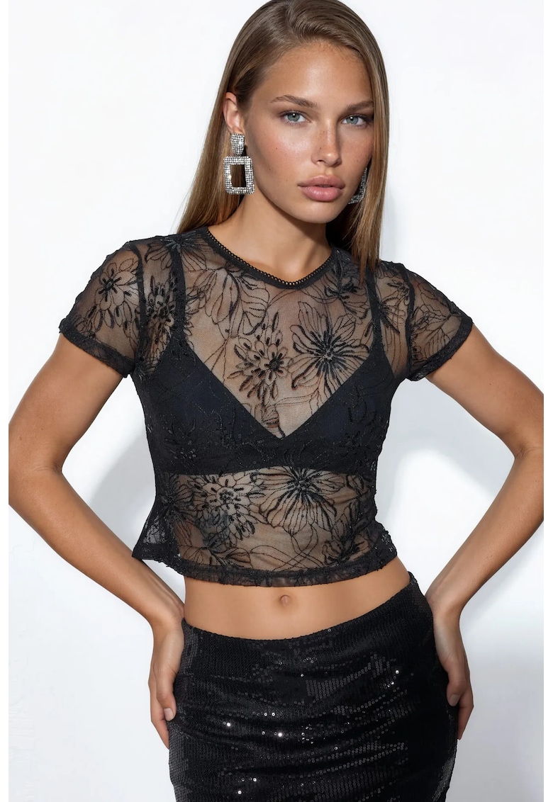 Bluza slim-fit - neagra - florala - cu paiete - poliester cu lycra