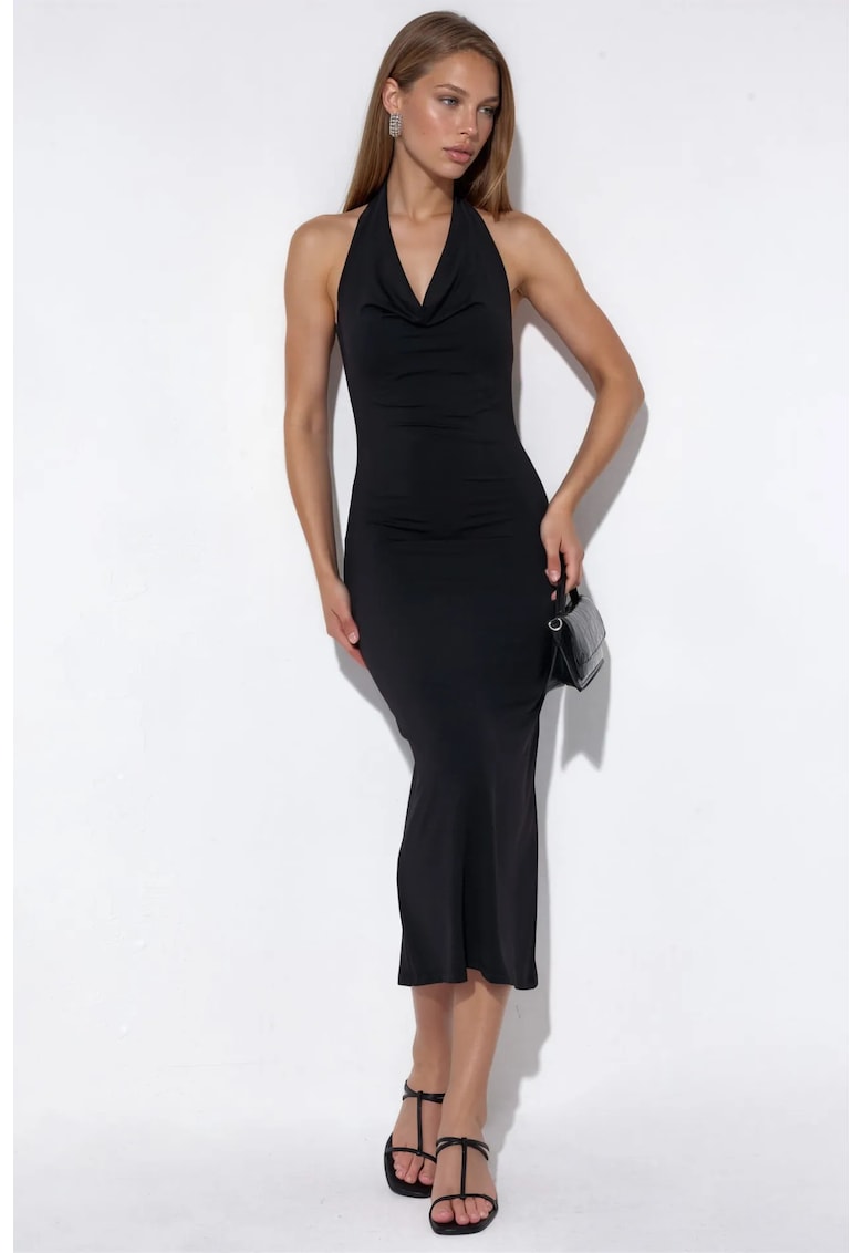 Rochie Maxi Neagra - Jerseu de Lycra - Fara Maneci - Drapaj