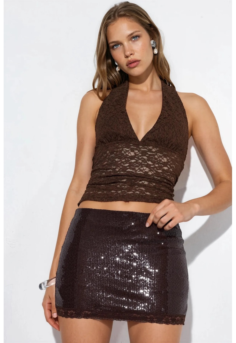 Fusta mini bodycon cu paiete - neagra - poliester cu lycra