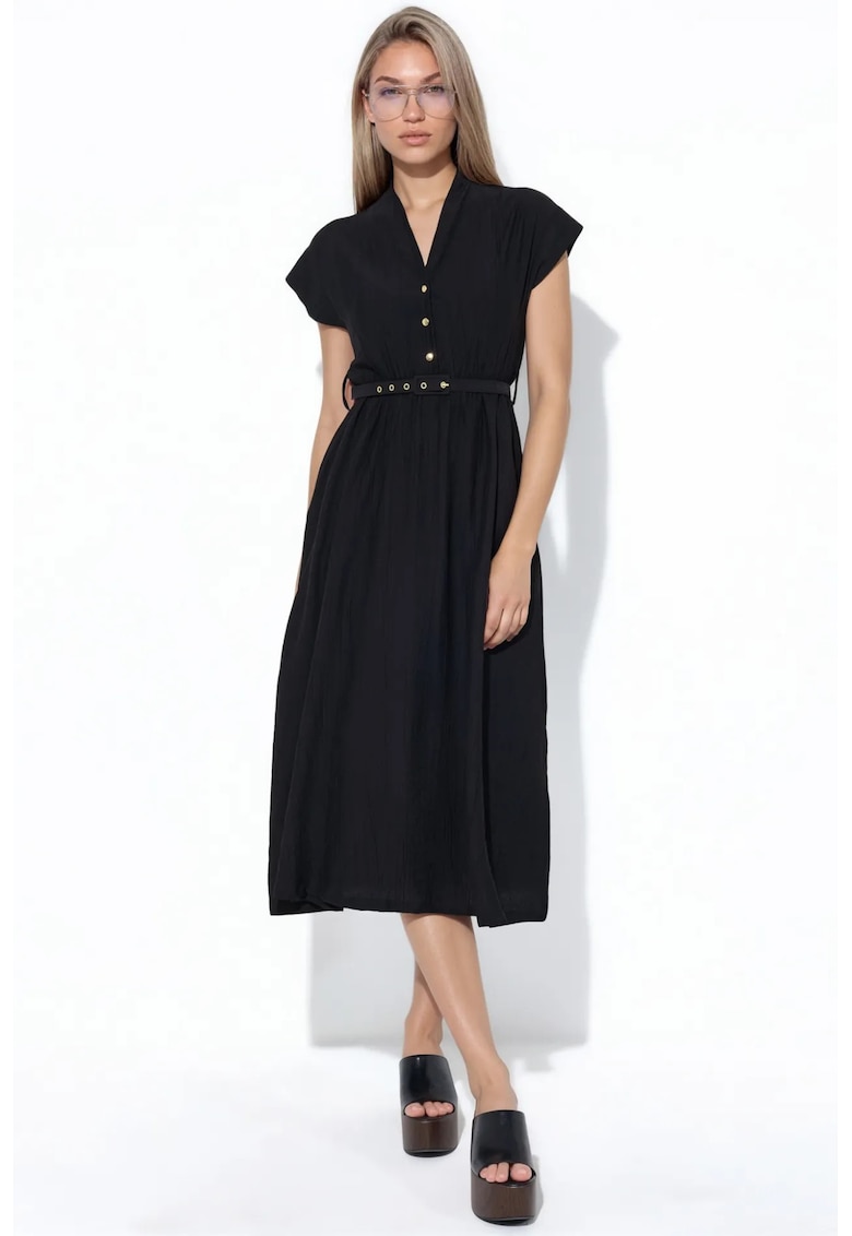 Rochie Maxi Casual - Negru - Poliester - cu Cordon