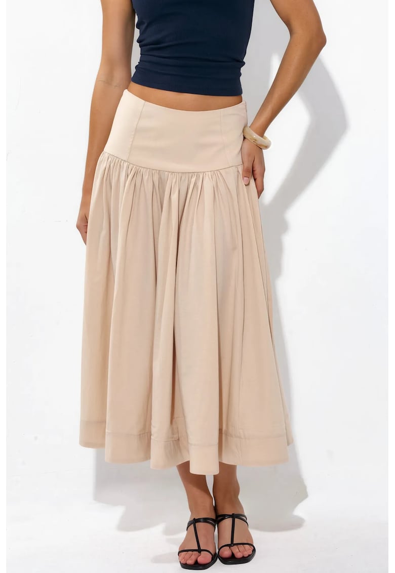 Fusta Midi - A-Line - Bej Natural - Elastic - Bumbac/Poliester -