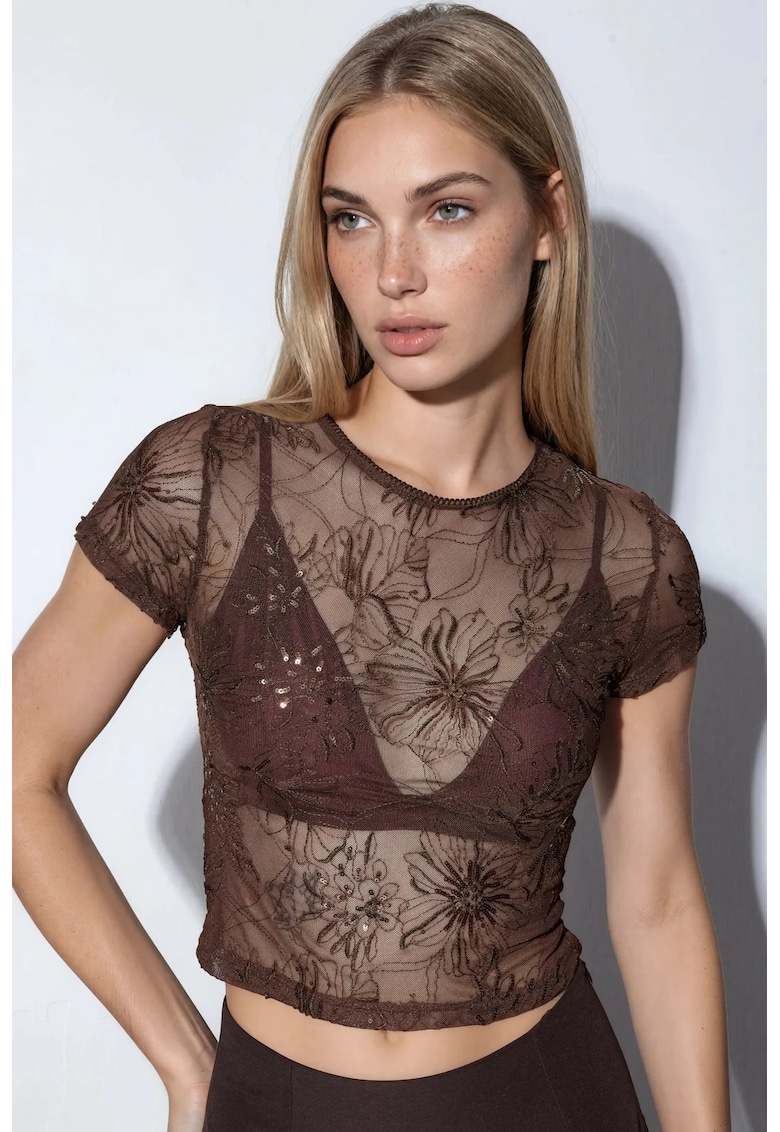 Bluza slim-fit - floral - cu paiete - maro cafea - poliester cu lycra
