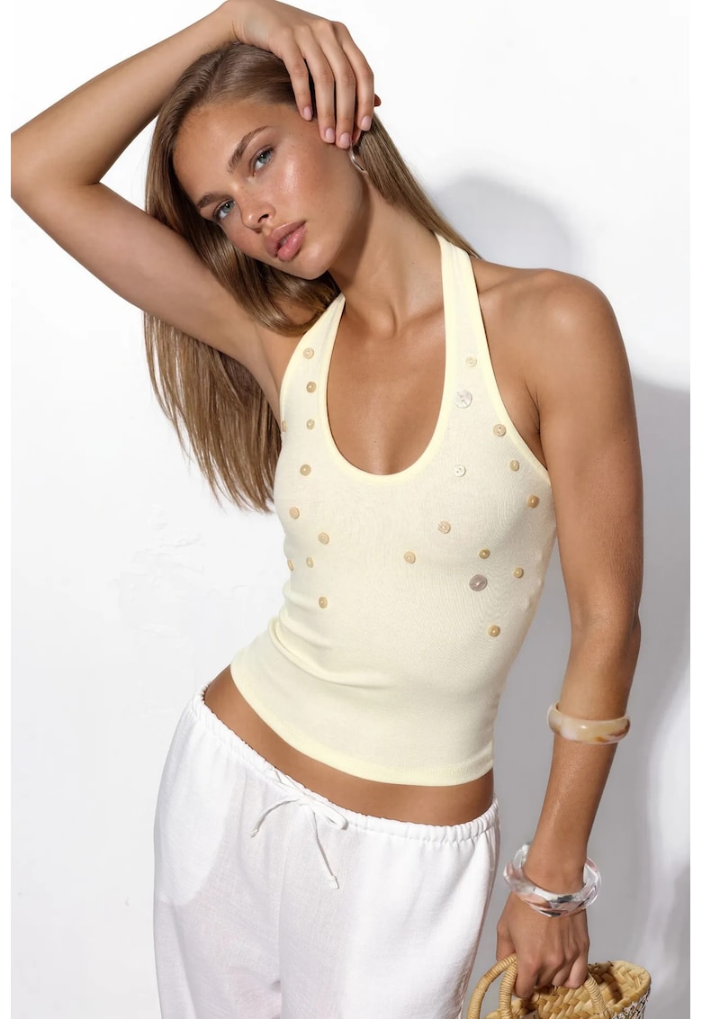 Bluza dama fara maneci - slim fit - crem - broderie - tricot din modal - bumbac si elastan