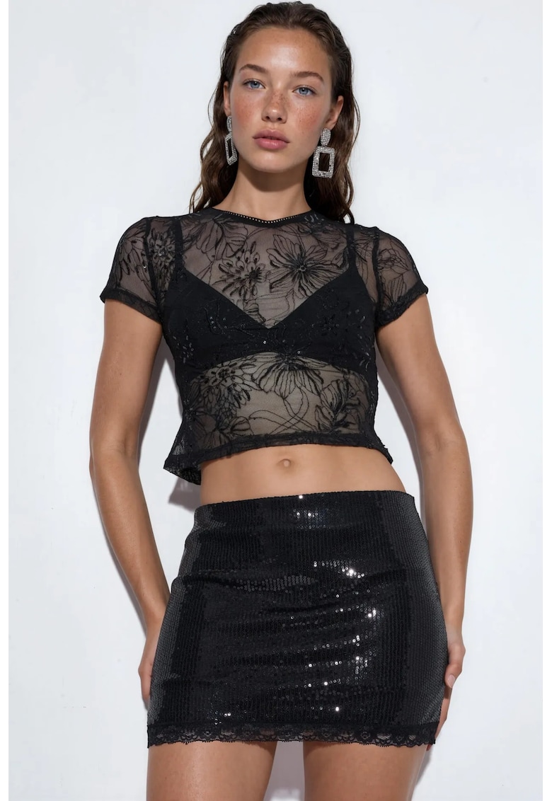 Fusta mini eleganta cu paiete - neagra - 95% poliester/5% lycra