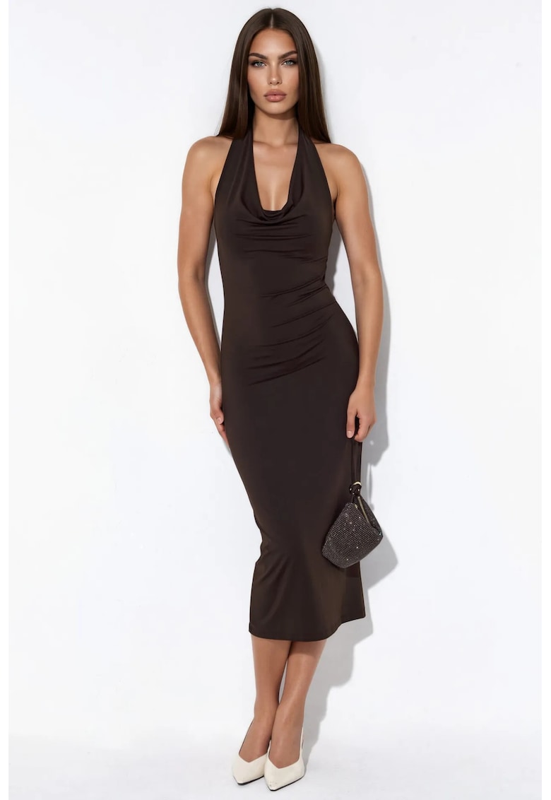 Rochie maxi neagra - jerseu de lycra - fara maneci - decolteu halter - detalii drapaj -