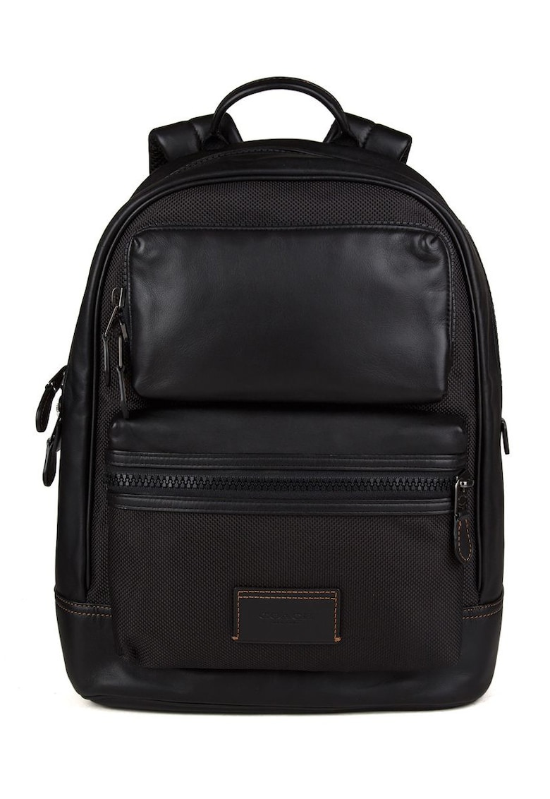 Rucsac din piele naturala cu insertii texturate de panza - gri antracit - 28x11x39 cm