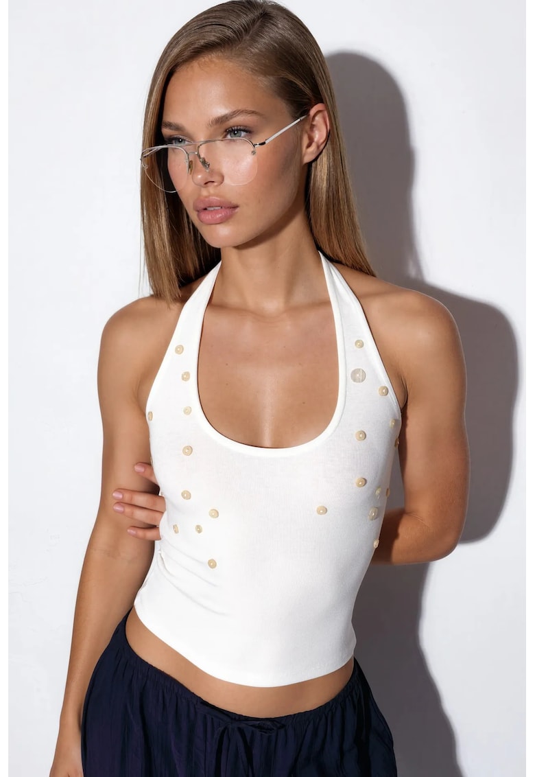 Bluza fara maneci slim fit - alb - broderie - tricot din modal - bumbac si elastan