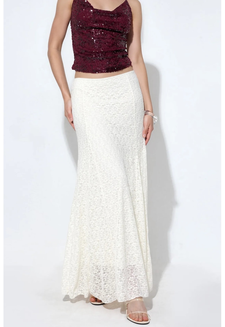 Fusta maxi - talie inalta - croiala in A - ivory - poliamida/elastan -
