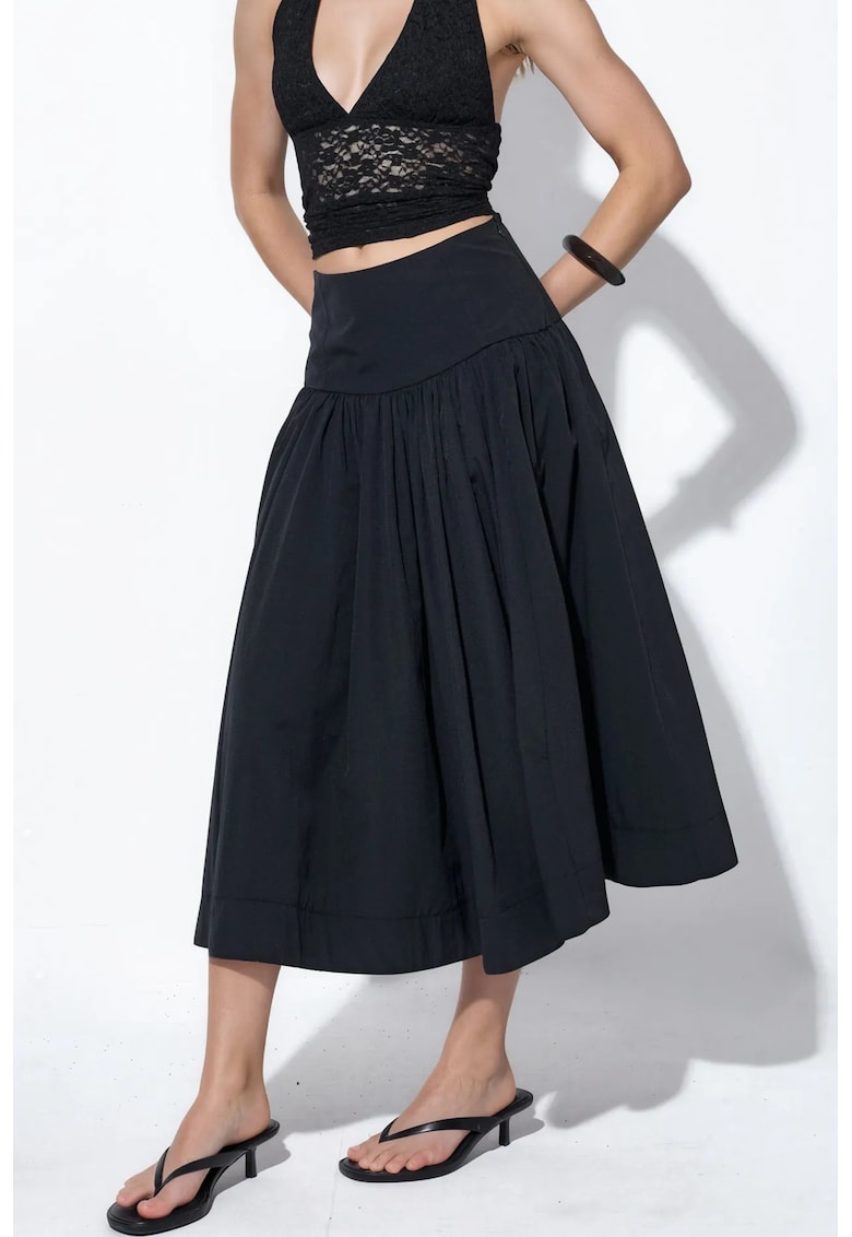 Fusta midi casual - neagra - bumbac/poliester -