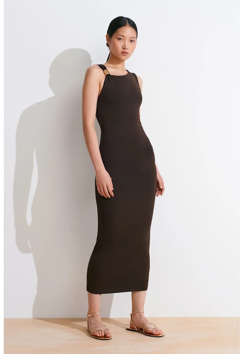 Rochie Midi Femei - Bodycon - Guler rotund - Maro Cafea - 93% nylon/7% elastan