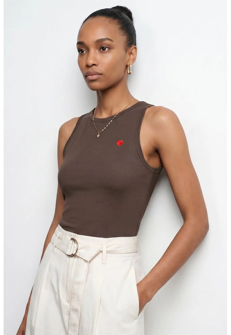 Bluza dama - bluza brodata - slim-fit - maro cafea - bumbac elastan