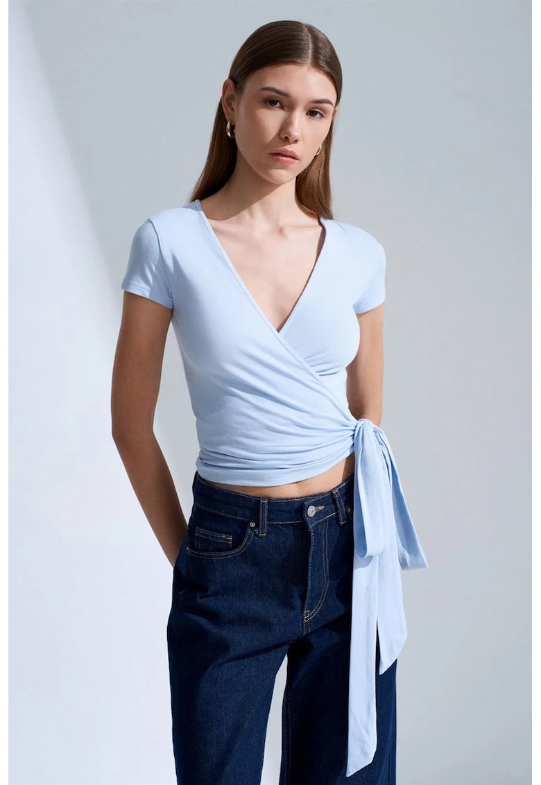 Bluza dama - detalii cu snur - albastru deschis - modal-bumbac-elastan