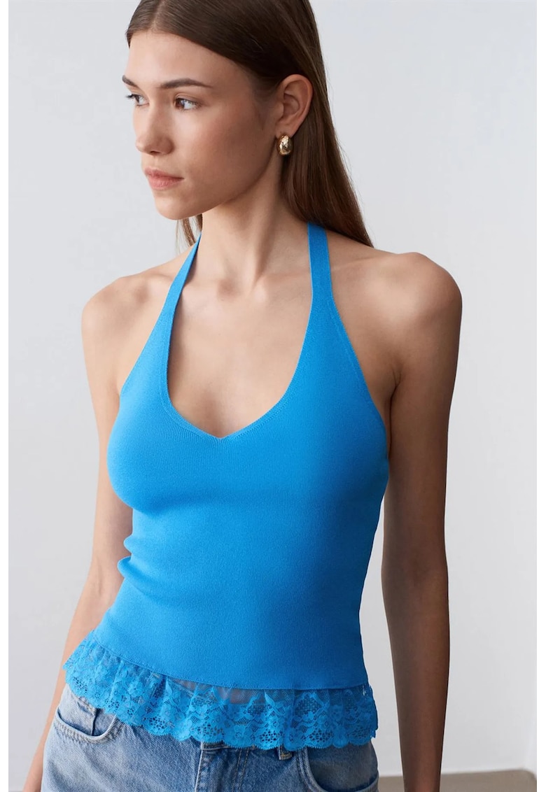 Top cu guler halter - Albastru Cerulean - One Size -