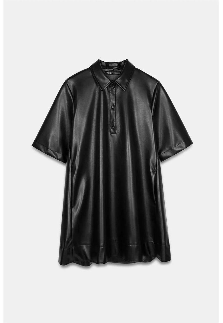 Rochie tip camasa mini - negru - poliuretan - maneci scurte - stil lejer