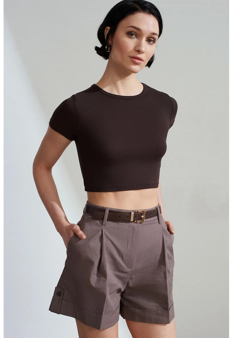 Pantaloni scurti - cu talie inalta - culoare maro mocha - bumbac cu elastan - set cu curea