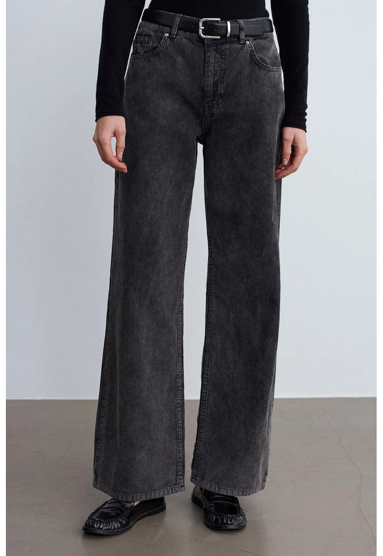Pantaloni dama - talie inalta - croiala larga - gri antracit - bumbac