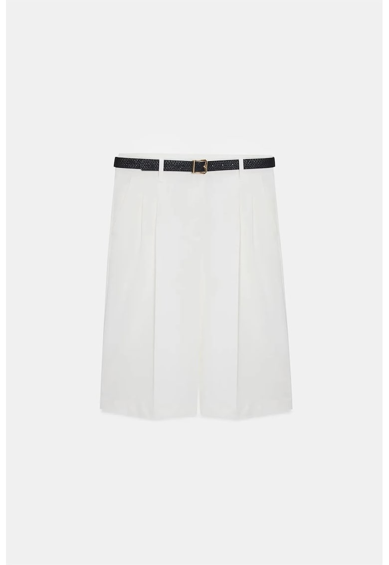 Pantaloni scurti - talie inalta - cu curea - Alb - casual