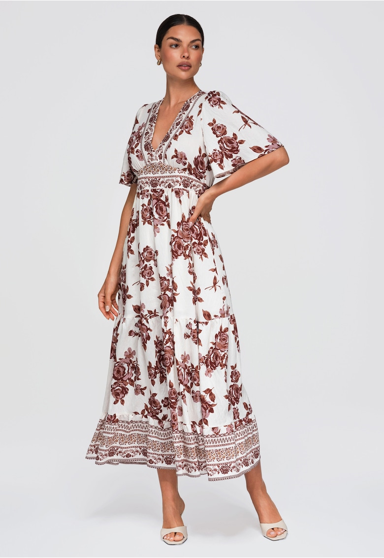 Rochie maxi cu decolteu in V cu maneci scurte OW-DLR-E0010 - Maro