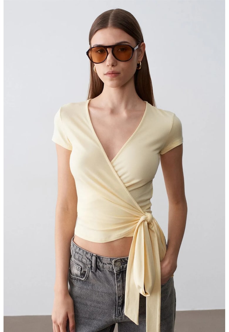 Bluza dama Crop Wrap cu Detaliu Legat - Galben Lamaie - Jerseu - Maneca Scurta