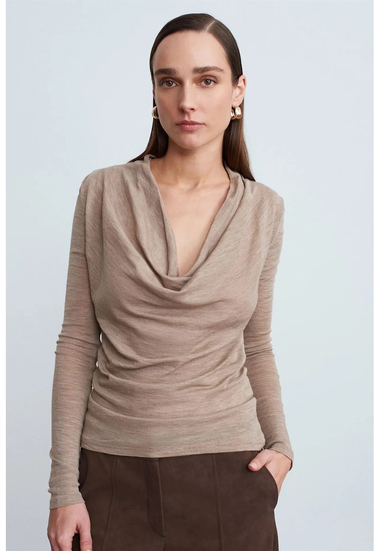 Bluza dama - Bluza Slim-fit din Lana cu Guler Drapat - Bej Natural - Casual - Maneca lunga