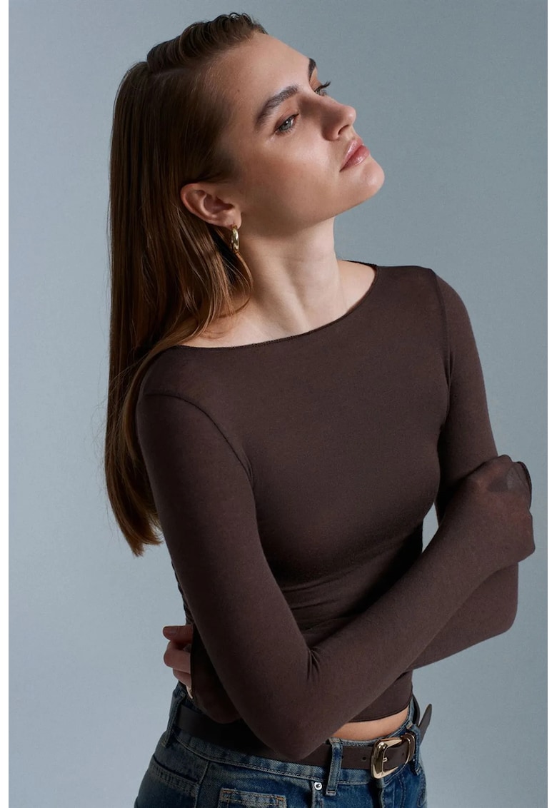 Bluza dama - Bluza Slim Fit - maneca lunga - maro cafea - drapaj