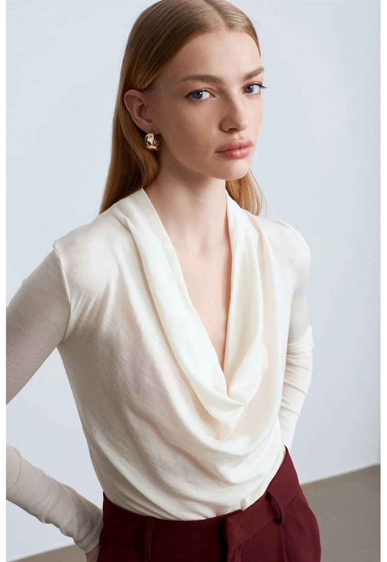 Bluza dama - Bluza Slim-fit din lana - Drapaj - Alb Murdar - Maneca lunga