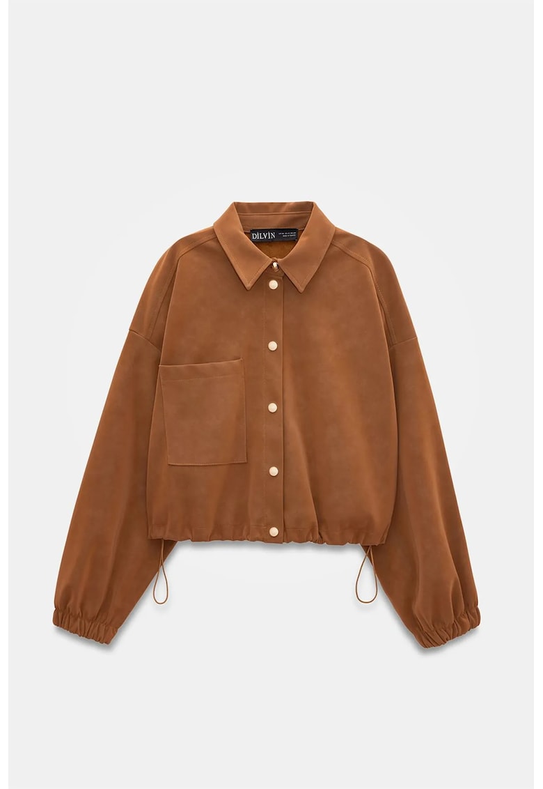 Geaca bomber oversized din piele intoarsa faux - maro nuc - lunga - cu nasturi - pentru femei