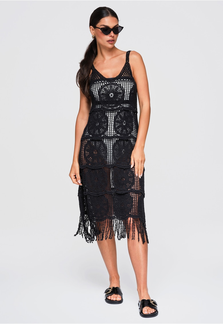 Rochie midi eleganta cu decolteu rotund si franjuri OW-DLR-E0013 - Negru - ONESIZE